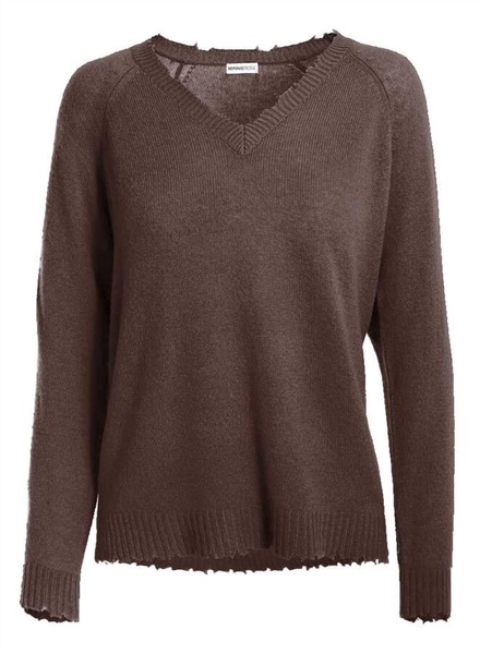 frayed v neck sweater in brown