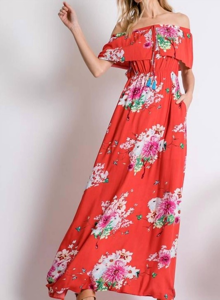 floral print off shoulder maxi dress in red