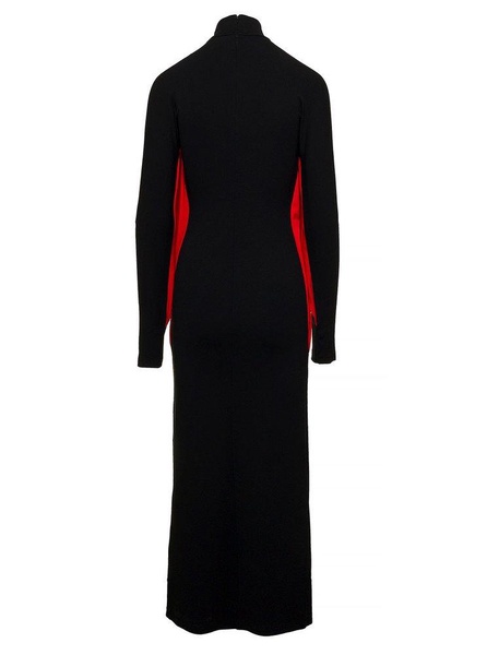 Long Black Dress With Batwing Sleeves With Contrasting Inserts In Stretch Viscose Woman