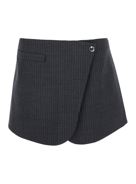 Grey Pinstriped Wrap Mini Skirt In Wool Woman