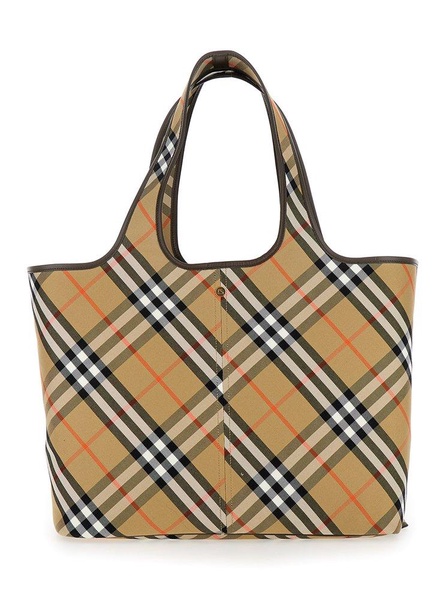 Beige Tote Bag with Vintage Check Motif in Cotton Canvas Woman