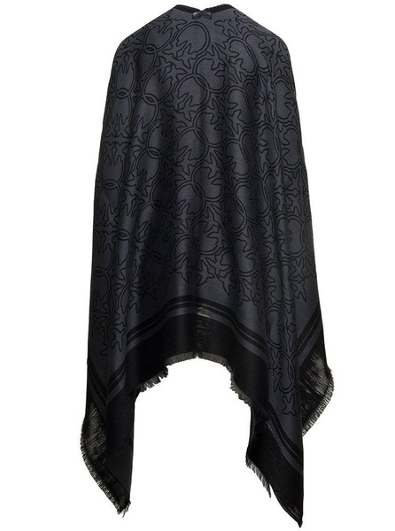 Two-tone Shawl With All-over Print And Striped Hem In Wool Blend Woman