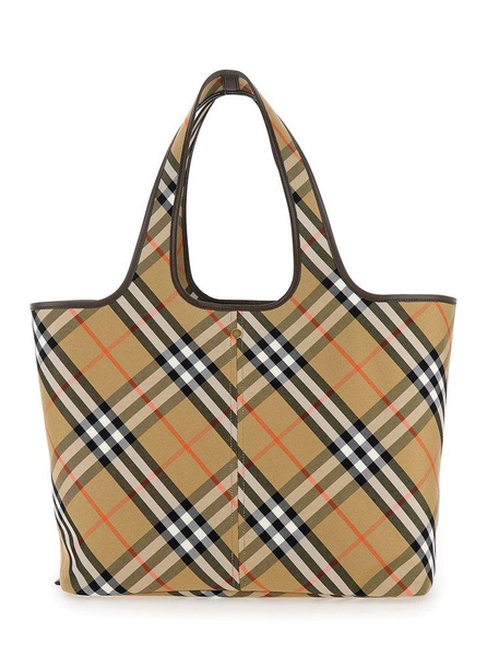 Beige Tote Bag with Vintage Check Motif in Cotton Canvas Woman