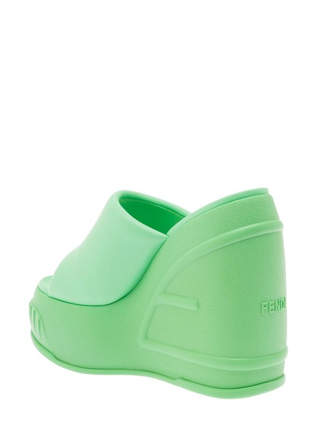 Green Platform Slides with Embossed Oversized FF Pattern in Leather Woman