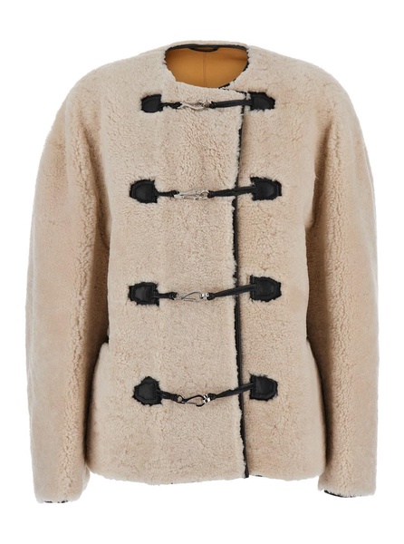 'teddy' Beige Crewneck Jacket With Clasp Closure On The Front In Shearling And Leather Woman