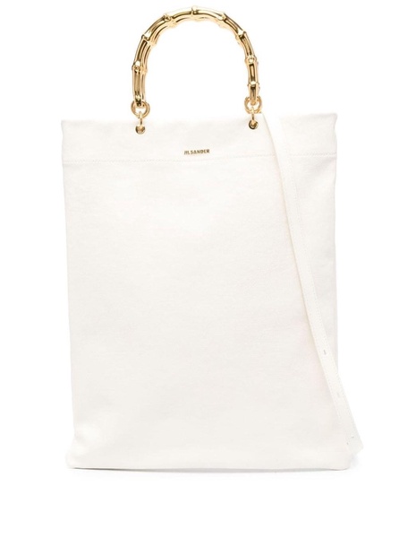 White Tote Bag with Bamboo Handles in Leather Woman