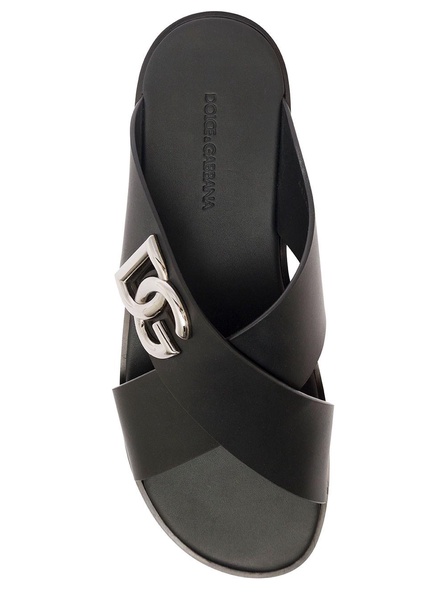 Black Sandals with Criss Cross Bands and Logo Detail in Leather Man