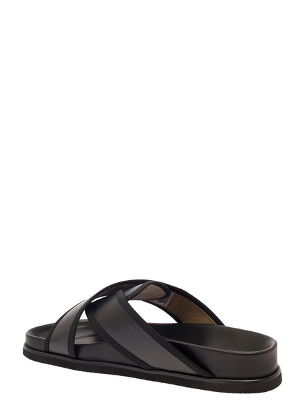 Criss Cross Strap Sandals with Logo in Black Leather Man