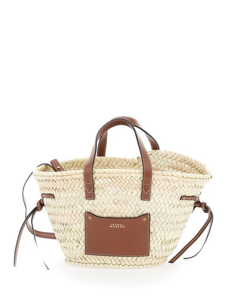 'Cadix Mini' Beige Handbag with Leather Trims ands Logo Detail in Raffia Woman