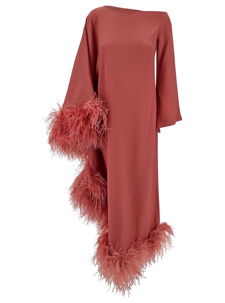 Salmon Pink Dress With Tonal Feather Trim In Acetate Blend Woman