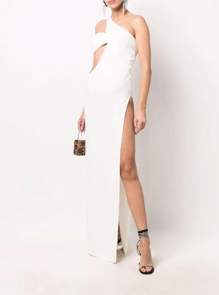 White One Shoulder Asymmetrical Dress with Side Cutout in Polyester Woman