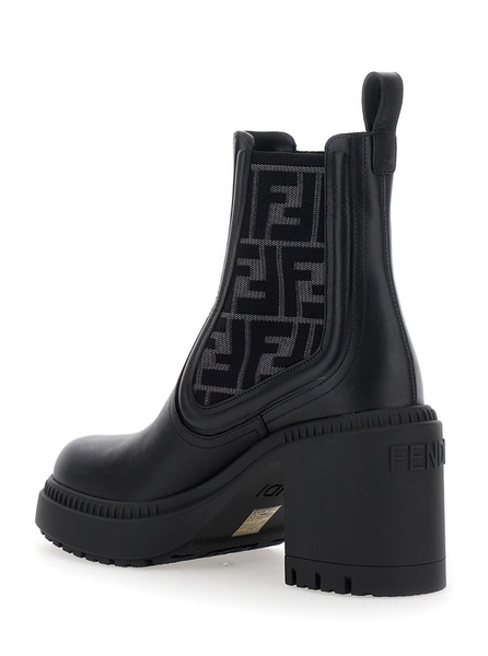 'Domino' Black Biker Ankle Boots with FF Motif in Leather Woman