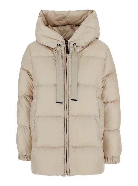 'Seia' Beige Down Jacket with Hood in Tech Fabric Woman