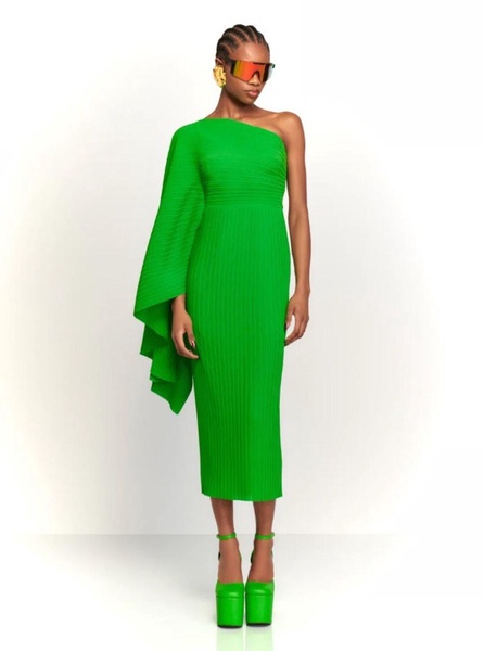 'Lenna' Midi Green One-Shoulder Dress in Pleated Fabric Woman