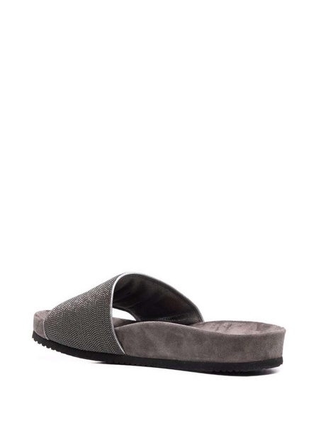 Grey Suede Slide Sandals With Monile Detail Brunello Cucinelli Woman