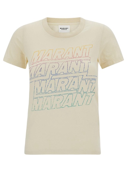 Beige Crewneck T-Shirt with Multicolor Logo Print in Cotton Woman