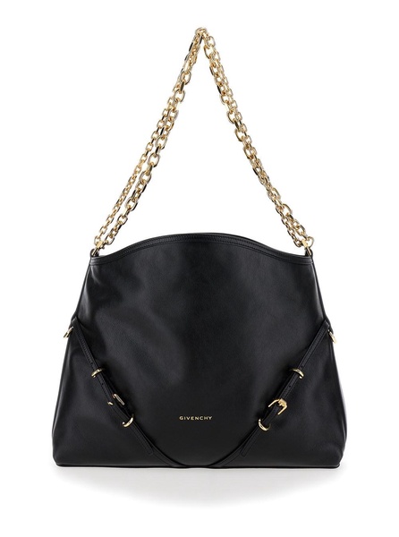 'Voyou Chain Medium' Black Shoulder Bag with Logo Detail in Hammered Leather Woman