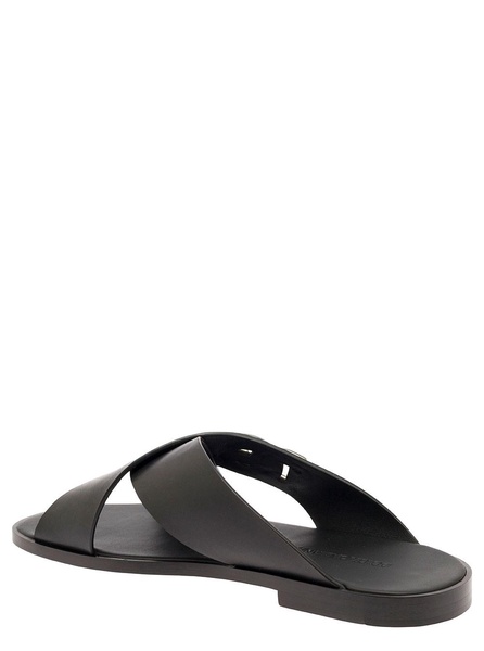 Black Sandals with Criss Cross Bands and Logo Detail in Leather Man