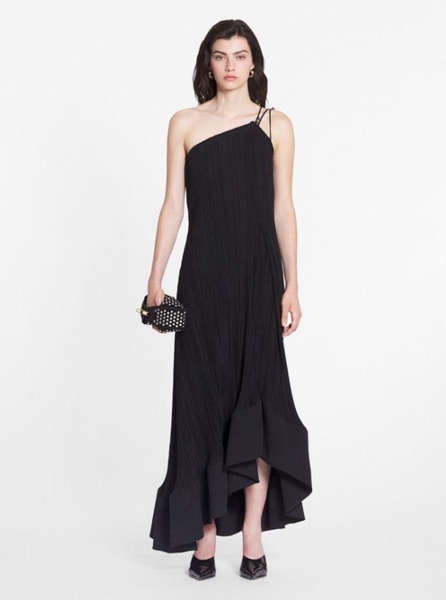 Maxi Black One-Shoulder Pleated Dress with Beads in Crêpe de chine Woman