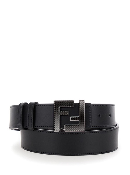 Black Reversible Belt with FF Squared Buckle in Leather and FF Canvas Man