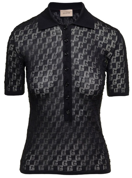 Black Polo Shirt with Button Closure and GG Motif in Cotton and Silk Blend Woman