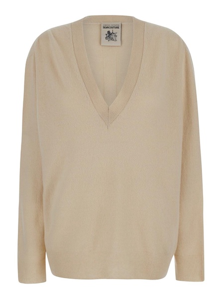 Oversized Beige Pullover with V Neck in Wool and Cashmere Woman