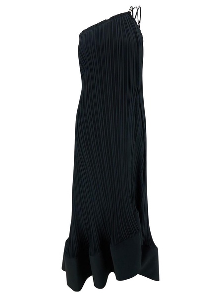 Maxi Black One-Shoulder Pleated Dress with Beads in Crêpe de chine Woman