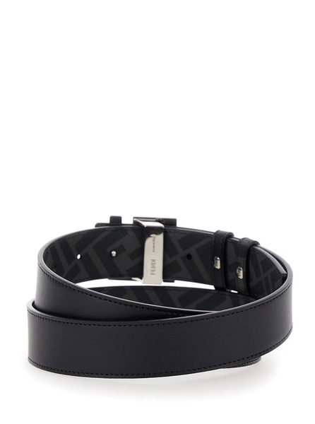 Black Reversible Belt with FF Squared Buckle in Leather and FF Canvas Man