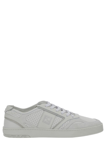 White Low Top Sneakers with FF Detail and Perforated Design in Leather Man