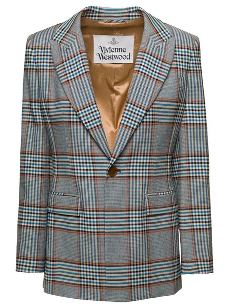 Grey Single-Breasted Jacket with All-Over Check Motif in Viscose Blend Woman