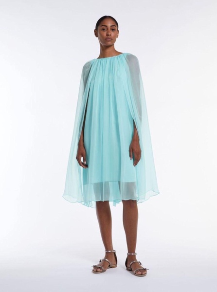 Mini Light Blue Dress with Drawstring in Silk Chiffon Woman