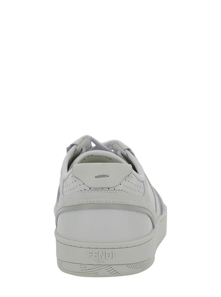 White Low Top Sneakers with FF Detail and Perforated Design in Leather Man