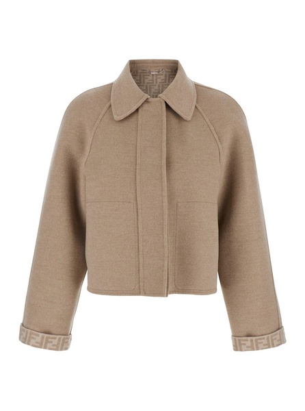 Beige Reversible Jacket with Classic Collar in Wool Blend Woman