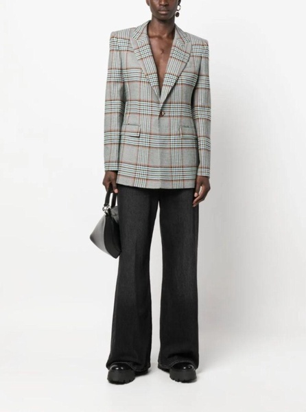 Grey Single-Breasted Jacket with All-Over Check Motif in Viscose Blend Woman