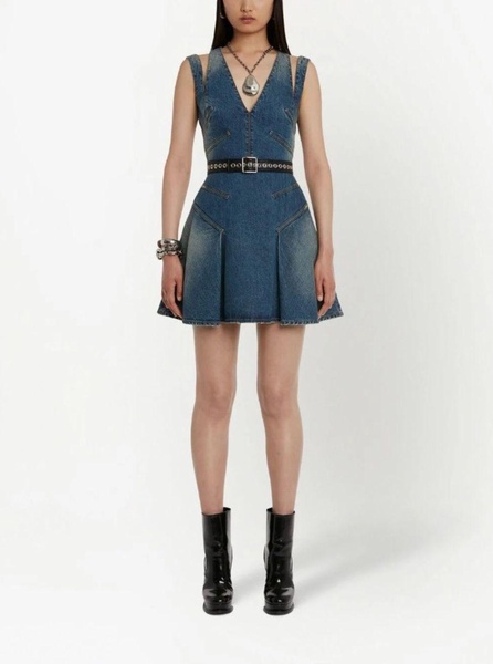 Blue Mini Dress with Cut-Out Detail and Pleated Skirt in Cotton Denim Woman