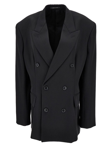 'Barathea' Black Double-Breasted Jacket with Tonal Buttons in Wool Woman