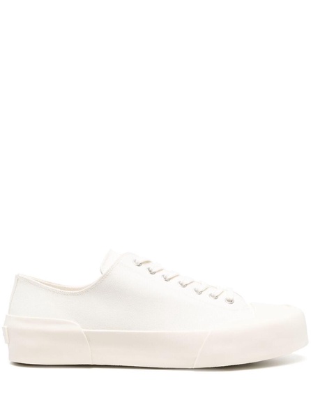 White Lace-Up Low Top Sneakers in Canvas Man