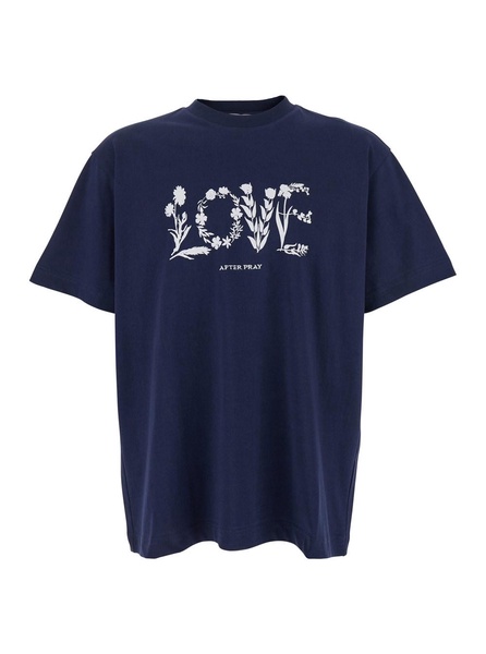 Blue Crewneck T-Shirt with Maxi Print on the Front in Cotton Man