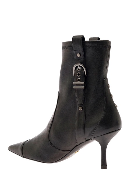 Black Bootie with Buckle Detail and Stiletto Heel in Smooth Leather Woman