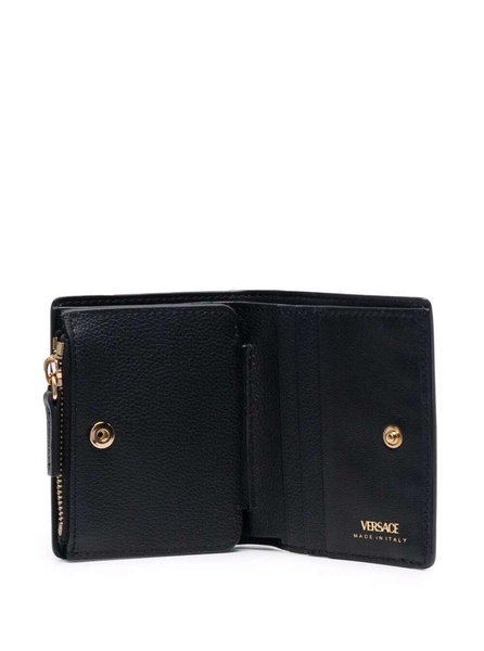 Black Wallet with Medusa Patch and Snap Button in Leather Woman