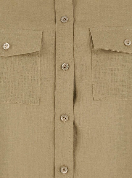 Beige Shirt with Pointed Collar and Patch Pockets on the Chest in Linen Woman