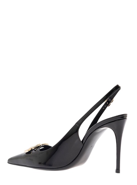 Black Slingback Pumps With Metal Dg Patch In Shiny Leather Woman