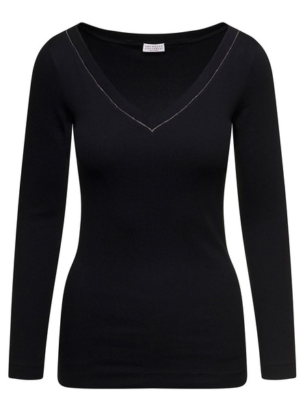 Black V-neck Pullover With Beads Detailing In Stretch Cotton Woman