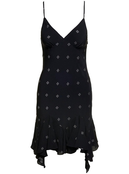 Black Mini Dress with Contrasting All-over 'Monogram' Print in Wool Blend Woman