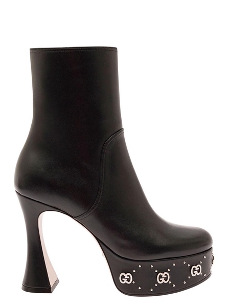 Black Bootie with GG Studs and Spool Heel in Leather Woman