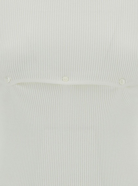 White Ribbed Top with Boat Neckline and Buttons in Rayon Blend Woman