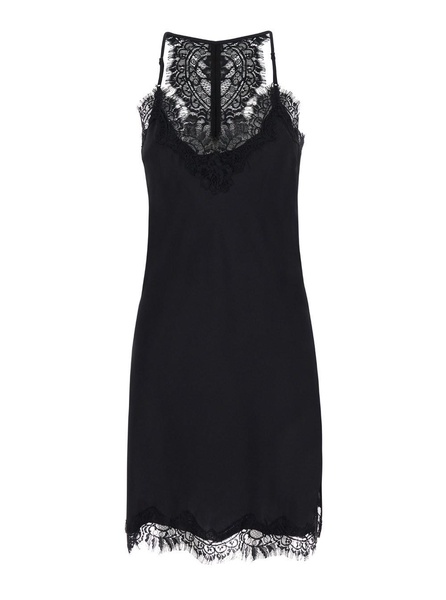 Mini Black Dress with Lace Trim and Racerback in Silk Woman