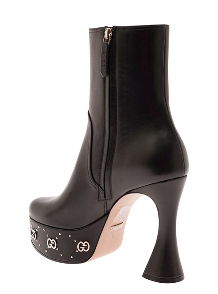 Black Bootie with GG Studs and Spool Heel in Leather Woman