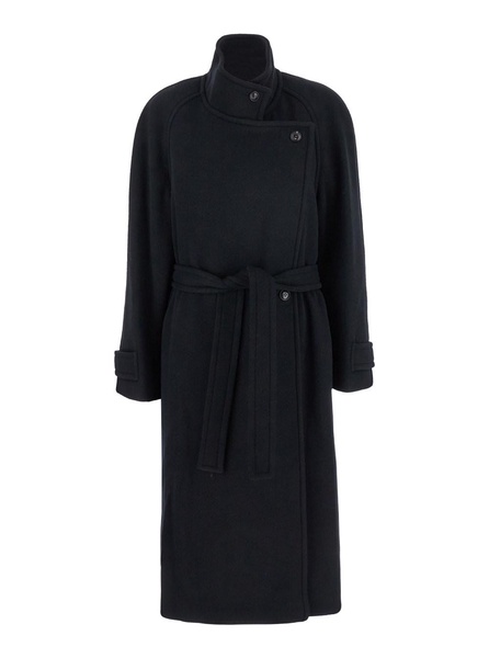 Black Double-Breasted Coat with Removable Belt and Wraparound Design in Wool Blend Woman