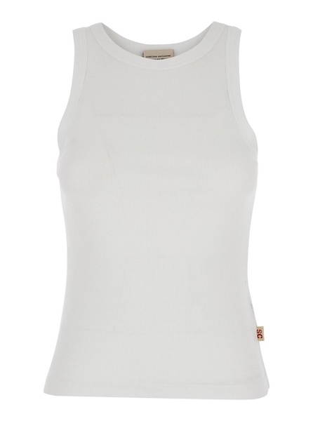 White Ribbed Tank Top with U Neckline in Cotton and Modal Blend Woman